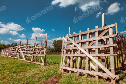 Preview: Wooden Rustic Fence, Blue Sky And Village Landscape