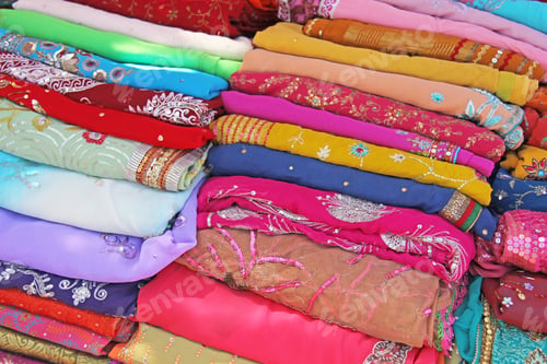 Preview: Sari Clothes India For Women. Bazaar Market In India. Bright Saris Are Sold On The Market In India.
