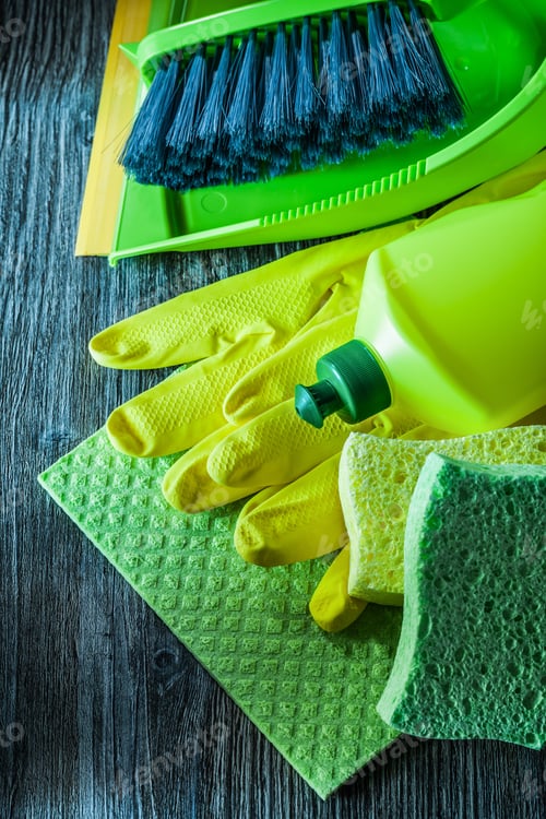 Preview: Composition Of Household Washing Tools On Wooden Board.