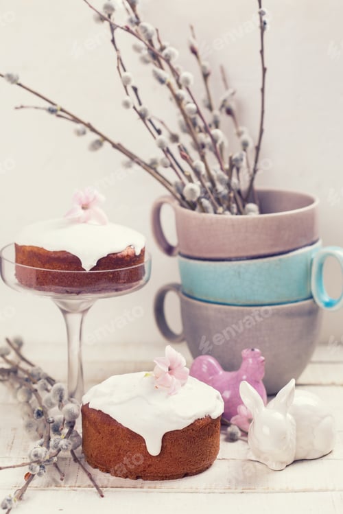 Preview: Easter Cake, Rabbit, Hen, Willow Branches In Vase On White Wooden Background. Easter Background
