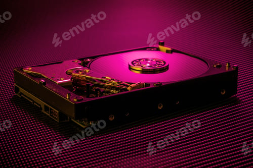 Preview: Inside Of Hard Disk Drive On The Carbon Background.