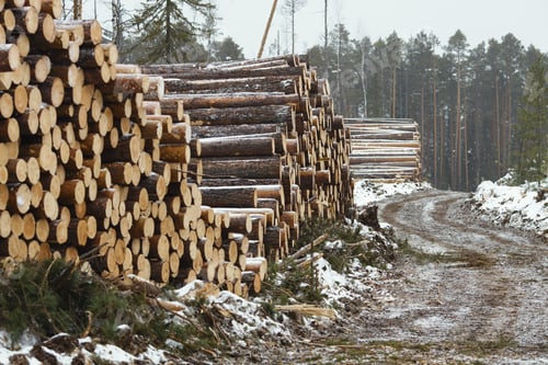 Preview: Logs Stacked After Felling. Forestry Production.