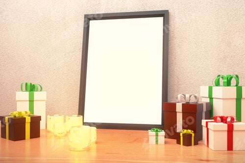 Preview: Blank Picture Frame With Gift Boxes And Glowing Candlesticks On Wooden Floor, Mock Up