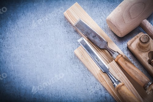 Preview: Wooden Shaving Plane Hammer Stud Flat Chisels Construction Concept.