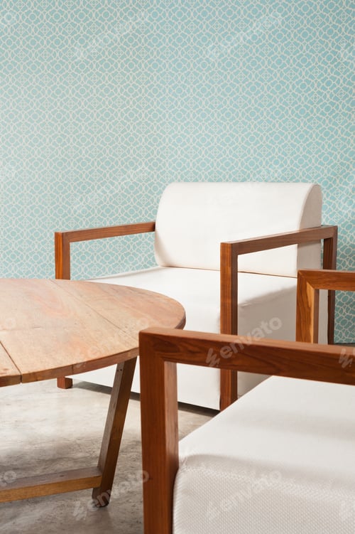 Preview: Brown White Furniture In A Living Room And Turquoise Blue Wallpaper