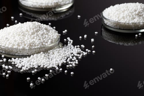 Preview: Closeup Of A Grain Of White Plastic Polymer In Petri Dishes On A Dark Background. Conceptual Image.