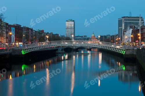 Preview: Stunning Night Scene With Ha'Penny Bridge And Liffey River, The Custom House Landmark At The