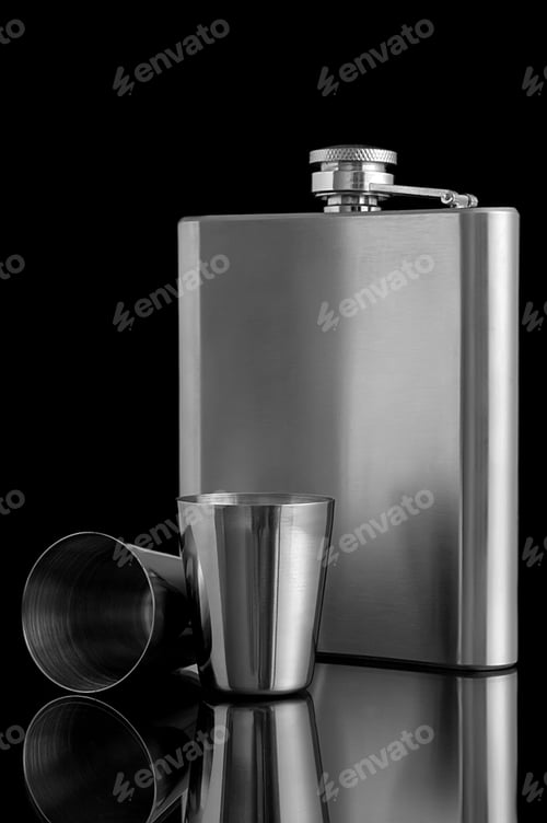 Preview: Hip Flask With Cups On A Black Background