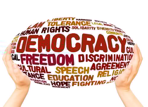 Preview: Democracy Word Cloud Hand Sphere Concept On White Background.