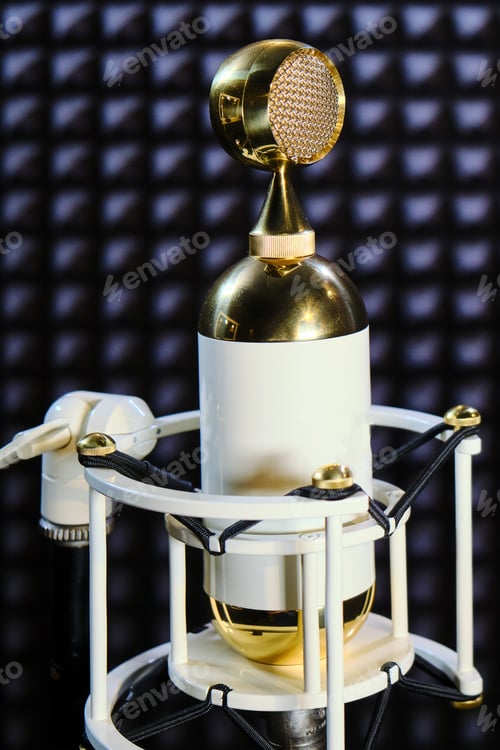 Preview: Microphone Golden And White Colors In The Recording Studio. Professional Microphone For Recording