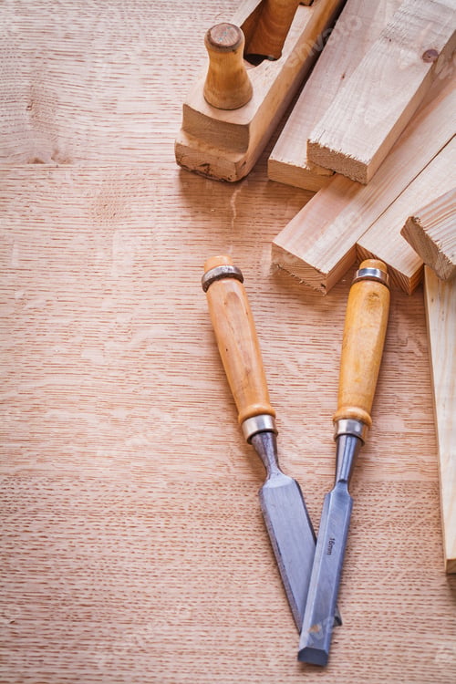 Preview: Organized Copyspace Carpentry Chisel Plane Wooden Planks Construction Concept
