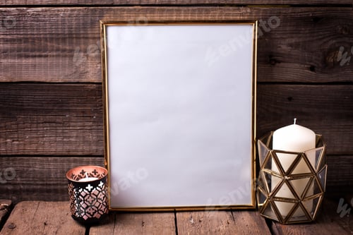 Preview: Empty Golden Frame And Candles On Aged Wooden Background. Place For Text. Mock-Up For Design.