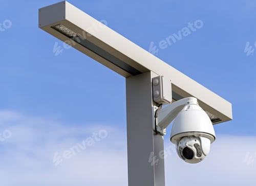 Preview: Ip Security Camera And Led Street Lantern Mounted On Post Against The Blue Sky