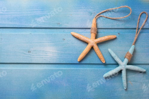 Preview: Marine Items On Blue Wooden Background. Sea Objects On Wooden Planks. Selective Focus. Place For
