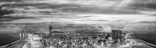 Preview: Aerial Panoramic Sunset View Of Barcelona Oceanfront In Barceloneta, Spain.
