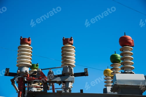 Preview: High Voltage Power Transformer Substation On Blue Sky Background