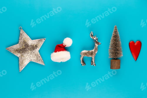 Preview: Christmas Composition. Christmas Decorations On Color Background. Flat Lay, Top View, Copy Space.
