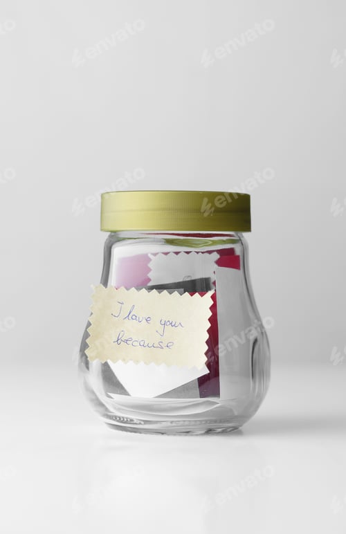 Preview: Valentine'S Day Jar With " I Love You Because" Card, Over White Background