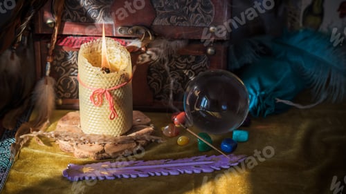 Preview: Magic Scene, Mystical Atmosphere, Candle And Other Stuff On The Table, Esoteric Concept