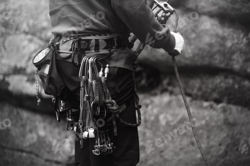 Preview: Climbing Equipment, Hardware And Tools On The Climber'S Harness, Close-Up, Black And White.