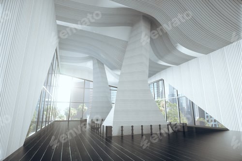 Preview: Modern Hall With Abstarct Interior, Big Windows And Wooden Floor 3D Render