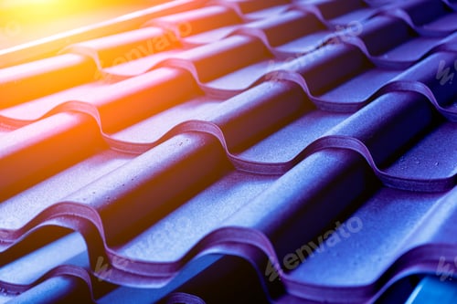 Preview: Blue Metallic Roof Tiles Background With Drops Of Water.