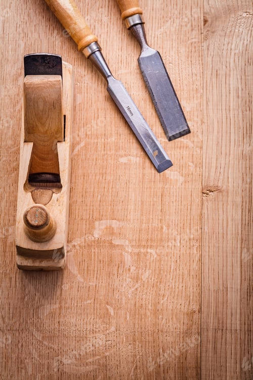 Preview: Chisels And Woodworkers Plane On Wooden Board Construction Concept