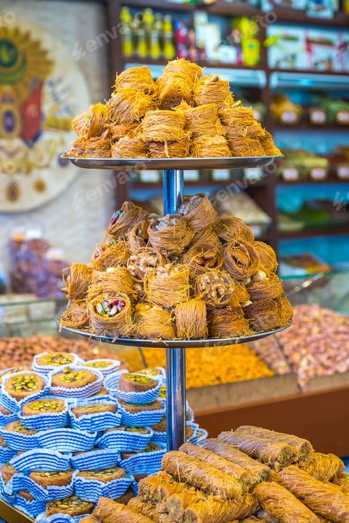 Preview: Tipical Turkish Baklava Pastries On Sale At The Market In Istanbul