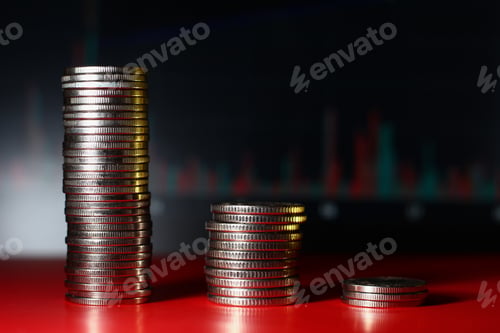 Preview: Coins On A Blurred Background Of A Falling Falling Chart, Crisis Trend
