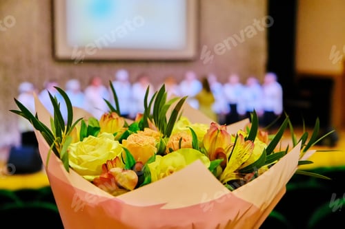 Preview: Bouquet Of Flowers To Congratulate The Singer. Beautiful Flowers For The Participant Of Vocal