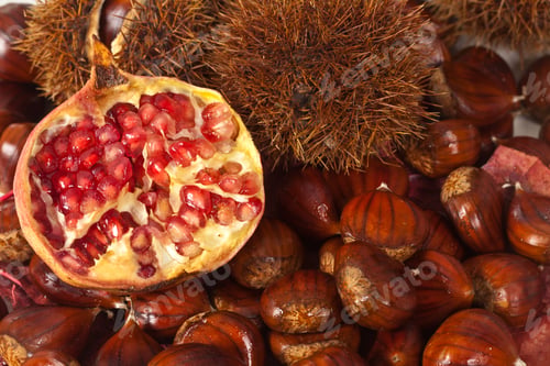 Preview: Autumn Composition With Chestnuts And Red Pomegranate
