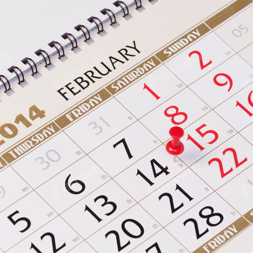 Preview: Calendar Page With Red Thumbtack On February 14 2014. Closeup.