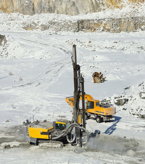 Preview: Quarry Machines: Drilling Rig And Hydraulic Breaker In The Background Of A Winter Stone Quarry.