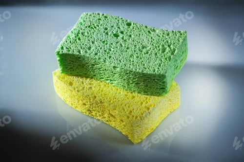 Preview: Kitchen Sponges On White Surface.