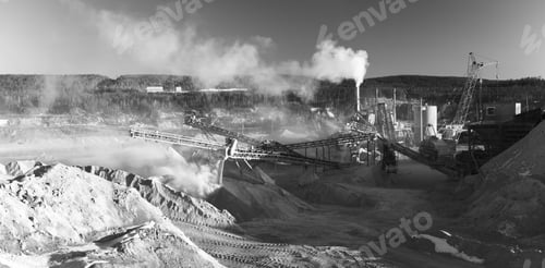 Preview: Black And White Panorama Of Structures And Industrial Equipment Of The Crushing And Processing