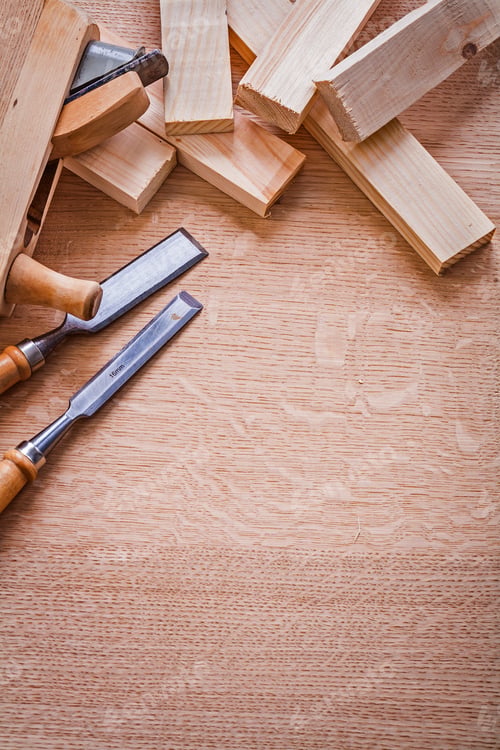 Preview: Chisels Old Woodworkers Plane And Stack Of Wooden Planks On Board With Copyspace Construction
