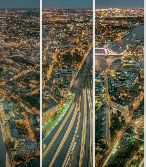 Preview: London Night Aerial View. Railway Station, Thames River And City Skyline.