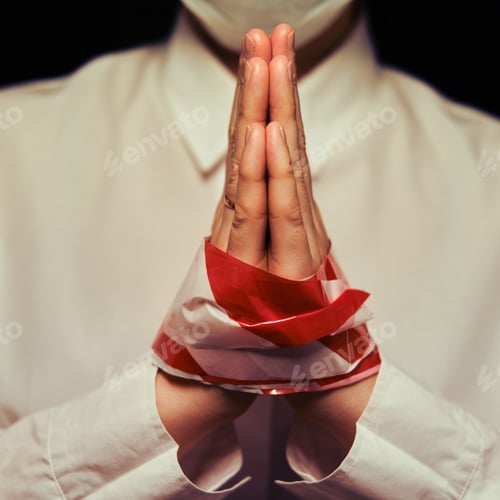 Preview: Bound Hands In Prayer To God In A Person In A Medical Mask. Coronavirus Epidemic Problem Concept