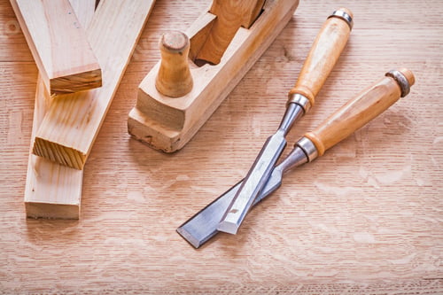 Preview: Horisontal View Compostion Of Woodworkers Plane And Carpentry Chisel Wooden Planks On Board