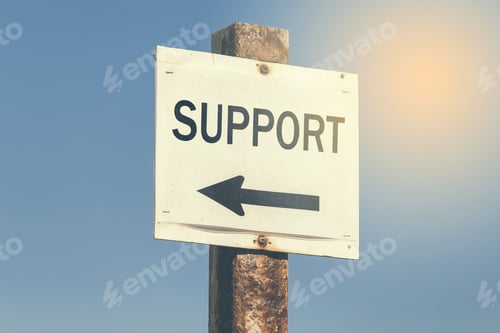 Preview: Support Word And Arrow Signpost On Clear Sky Background. Motivational Sign. Vintage Style.