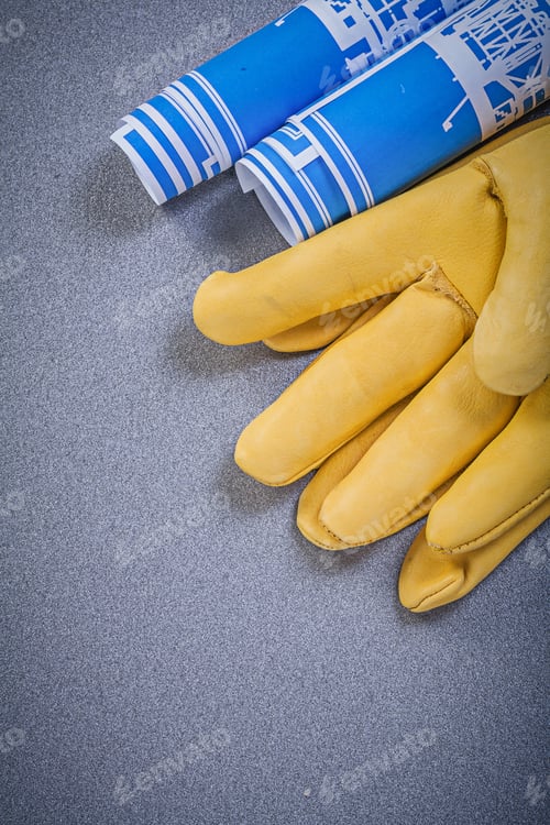 Preview: Leather Protective Gloves Blue Construction Drawing On Grey Background.