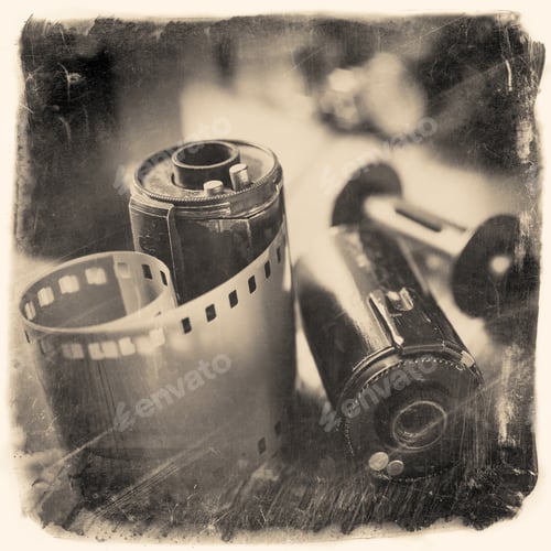 Preview: Old Photo Film Rolls, Cassette And Retro Camera. Vintage Photo Stylized.