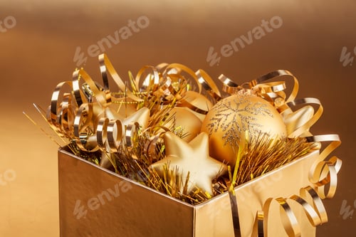 Preview: Christmas Composition Of Christmas Tree Toys On A Blurred Gold Background