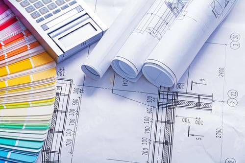Preview: White Rolled Blueprints Calculator And Color Palette Construction Concept