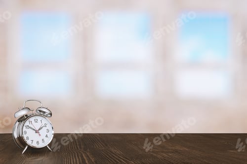 Preview: Clock On Wooden Table In Room With Big Windows