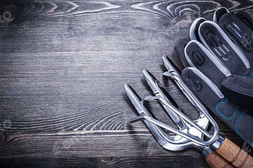 Preview: Rake Trowel Fork Safety Gloves On Wooden Board Agriculture Concept.