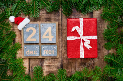 Preview: Christmas Greeting Card. Festive Decoration On Wooden Background. New Year Concept. Copy Space