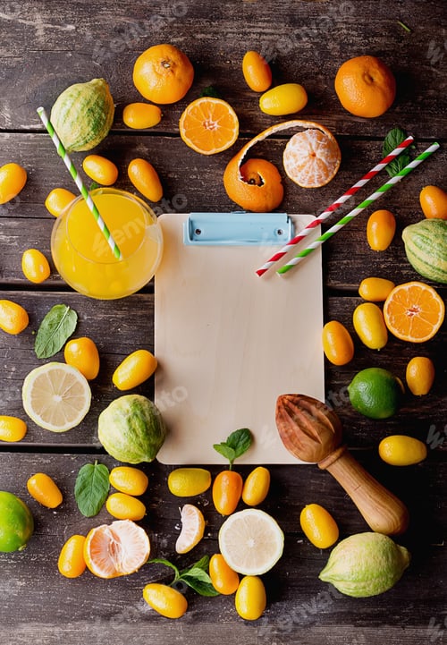 Preview: Variety Of Citrus Fruit With A Glass Of Orange Juice With A Paper Straw With A Paper Clip In The
