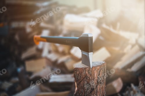 Preview: Detail Of Axe. Axe And Firewood. Sharp Ax Standing On A Wooden, Tree Stump On A Background Of