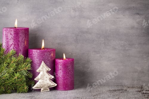 Preview: Three Purple Candles On Gray Background, Christmas Decoration. Advent Mood.